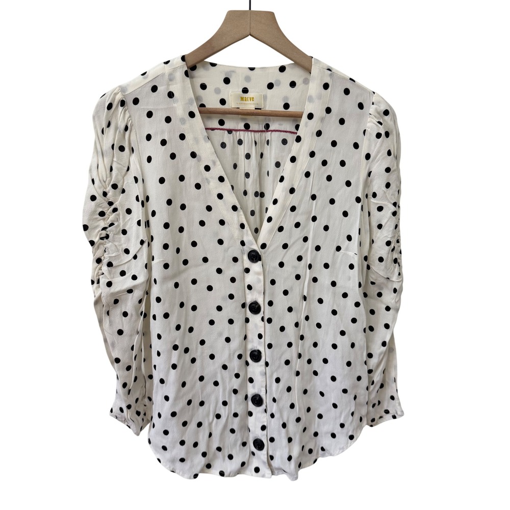 Maeve Anthropologie Blouse Medium White Polka Dot Ruched 3/4 Sleeve Button Front
